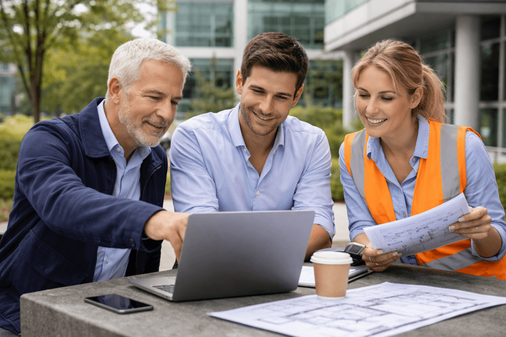 Contract professionals discussing a technical project in an office.