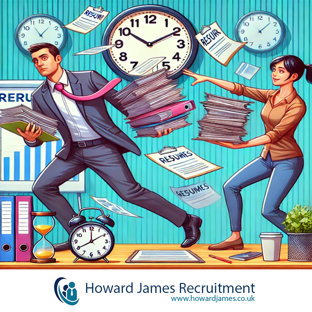 A business owner juggling multiple tasks, with a recruiter stepping in to catch resumes A business owner juggling multiple tasks, with a recruiter stepping in to catch resumes