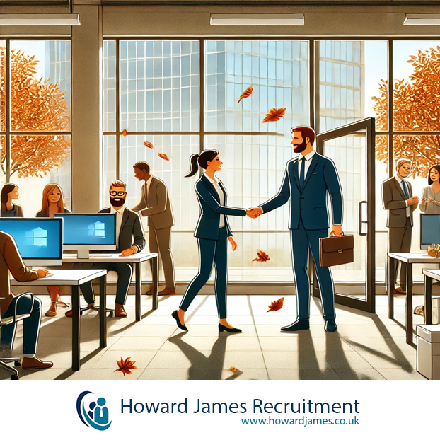 A bustling office scene with a manager welcoming a new hire A bustling office scene with a manager welcoming a new hire