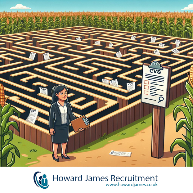 A corn maze with CVs scattered throughout, and a recruiter holding a checklist A corn maze with CVs scattered throughout, and a recruiter holding a checklist