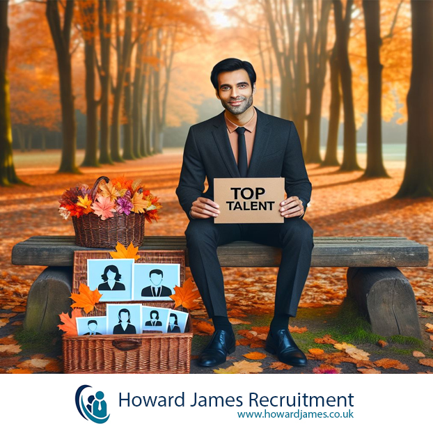 An autumn scene with a basket of CVs and icons of resumes, with a recruiter holding a “Top Talent” sign An autumn scene with a basket of CVs and icons of resumes, with a recruiter holding a “Top Talent” sign