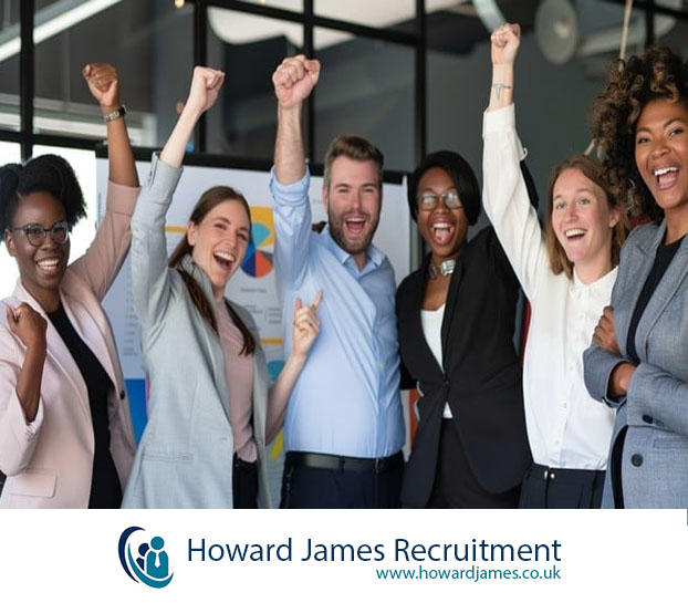 A group of diverse professionals celebrating after landing a job