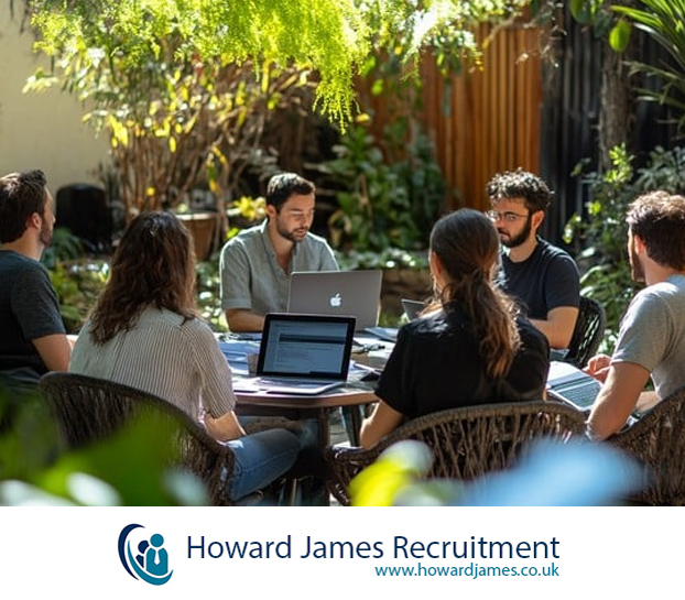 An office team having an outdoor meeting in a courtyard, with greenery and natural light