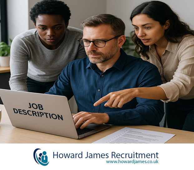 Manager drafting a job description on laptop with team input