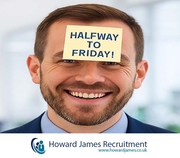 A light-hearted image of a mid-level manager holding coffee and grinning with a sticky note reading “Halfway to Friday! A light-hearted image of a mid-level manager holding coffee and grinning with a sticky note reading “Halfway to Friday!