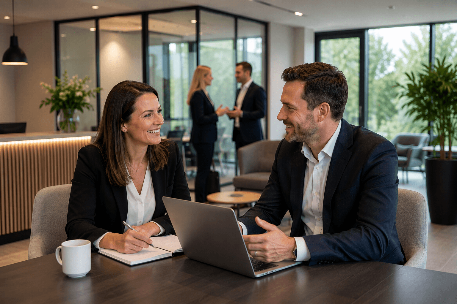 Recruitment consultants discussing a hiring requirement in a professional office.
