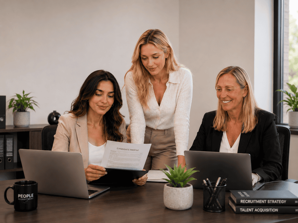 Recruitment consultants reviewing a permanent candidate profile together.