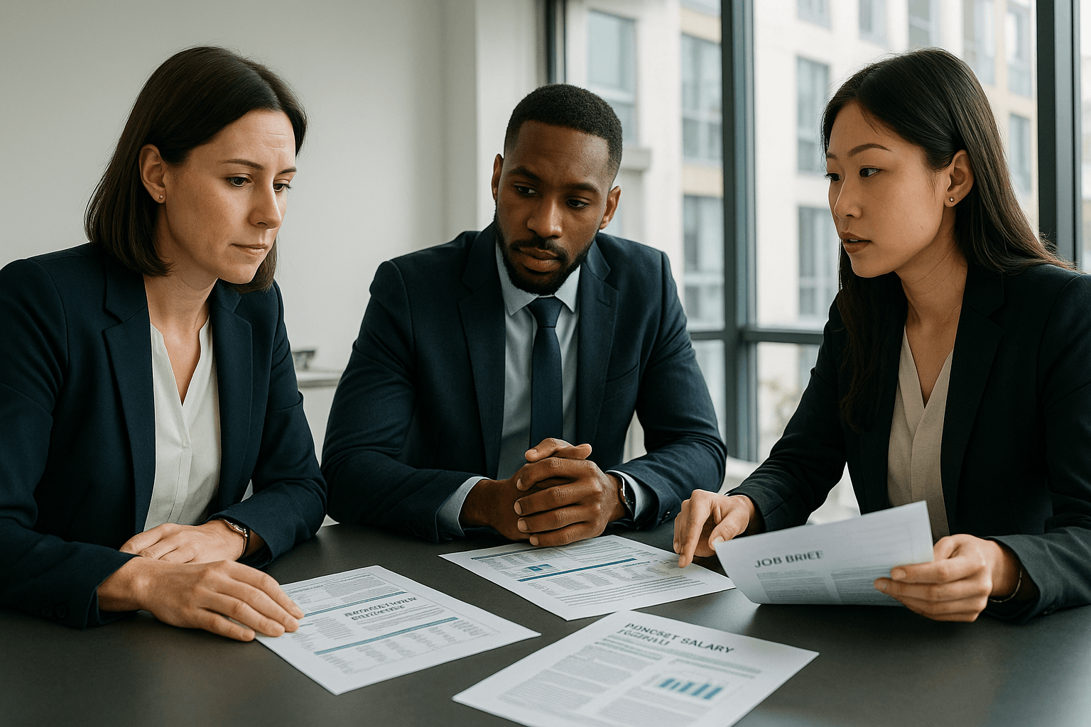 Business team discussing recruitment strategy around a table