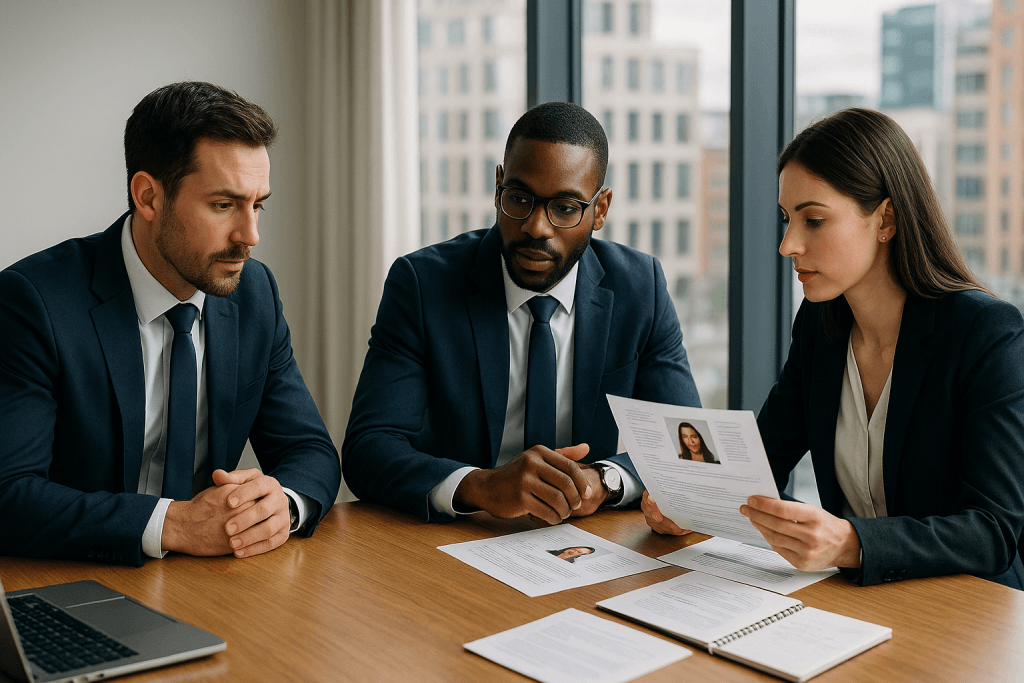 Business professional reviewing recruitment documents with a consultant