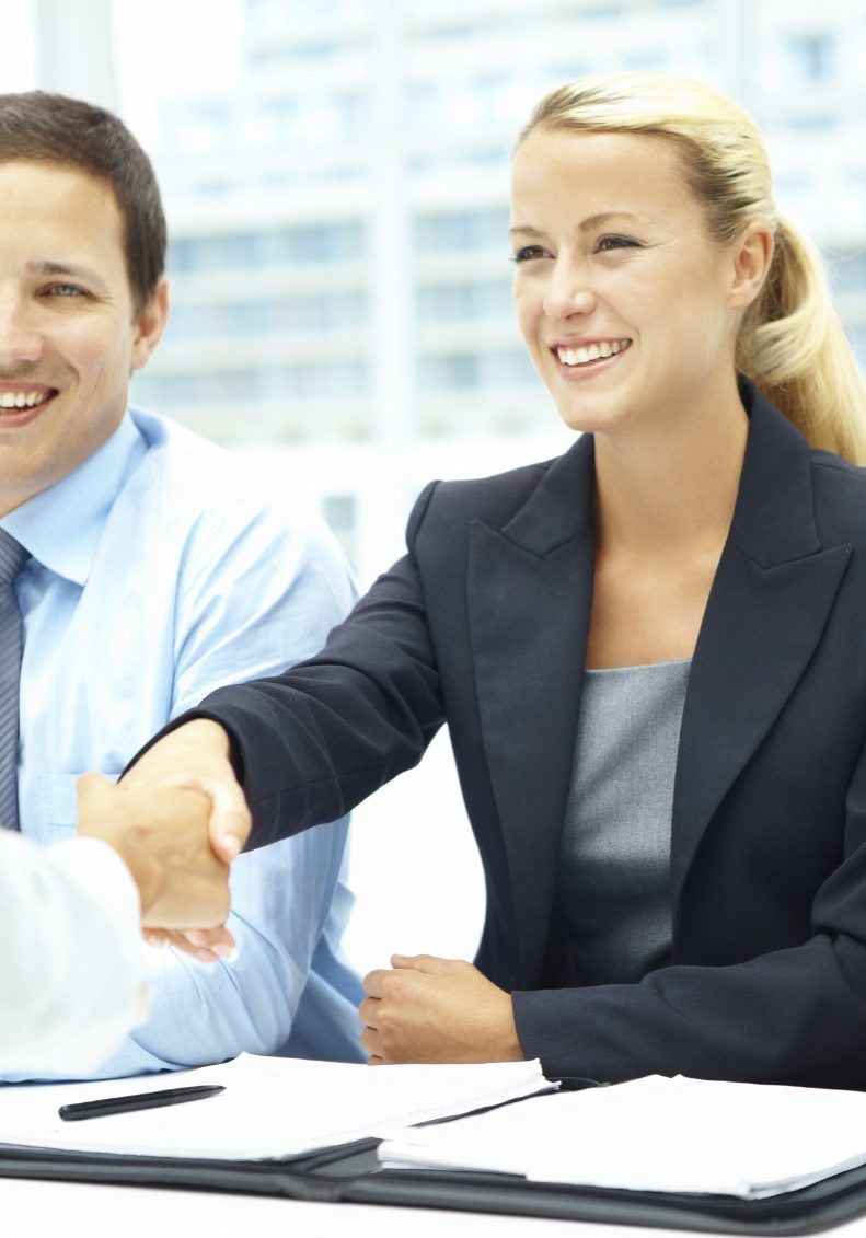 A young businesswoman shaking a new colleague's hand as she accepts the job